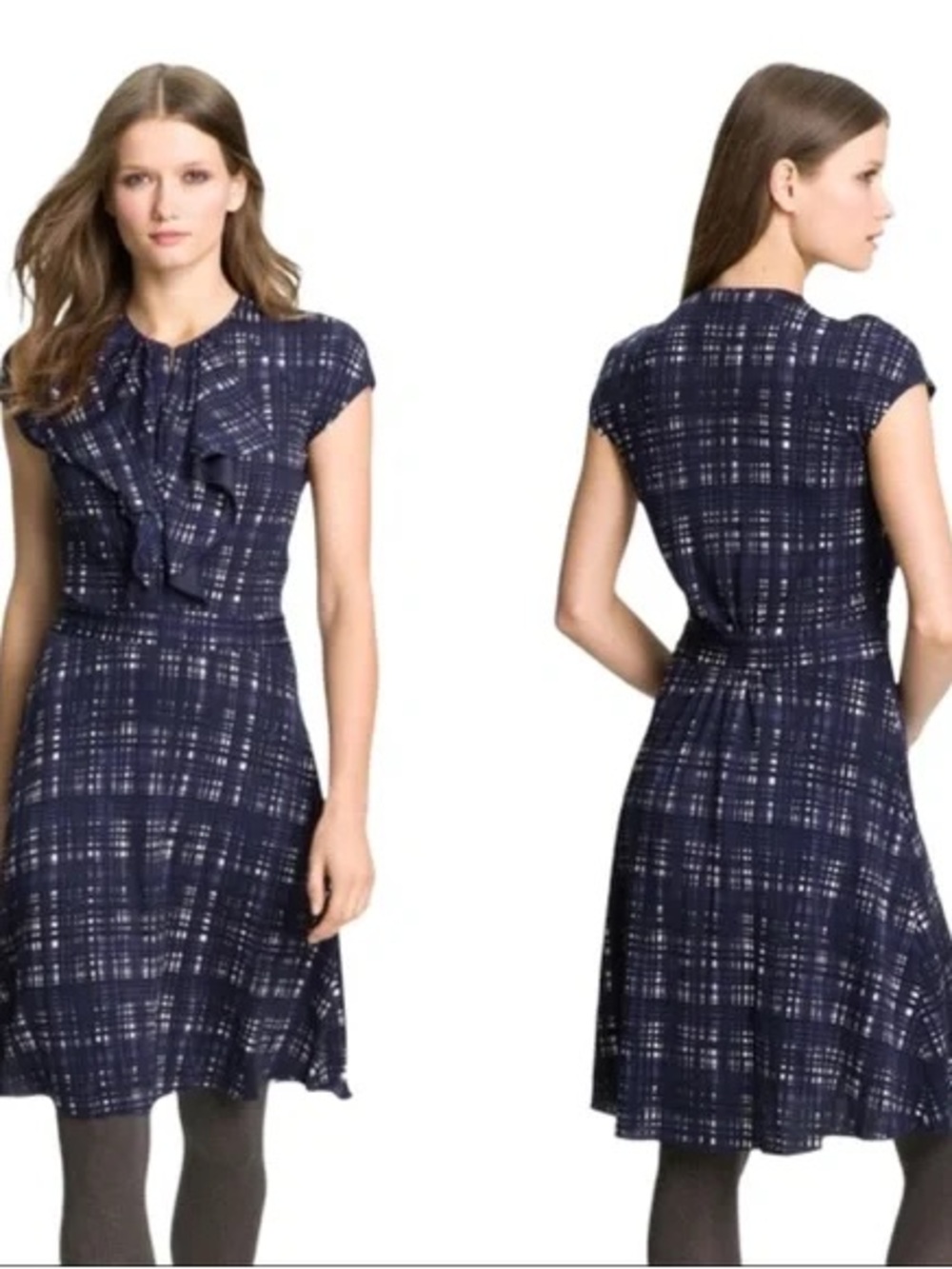 Tory Burch Clementine Plaid A-Line Dress Sz S Navy / Purple / White Ruffled
